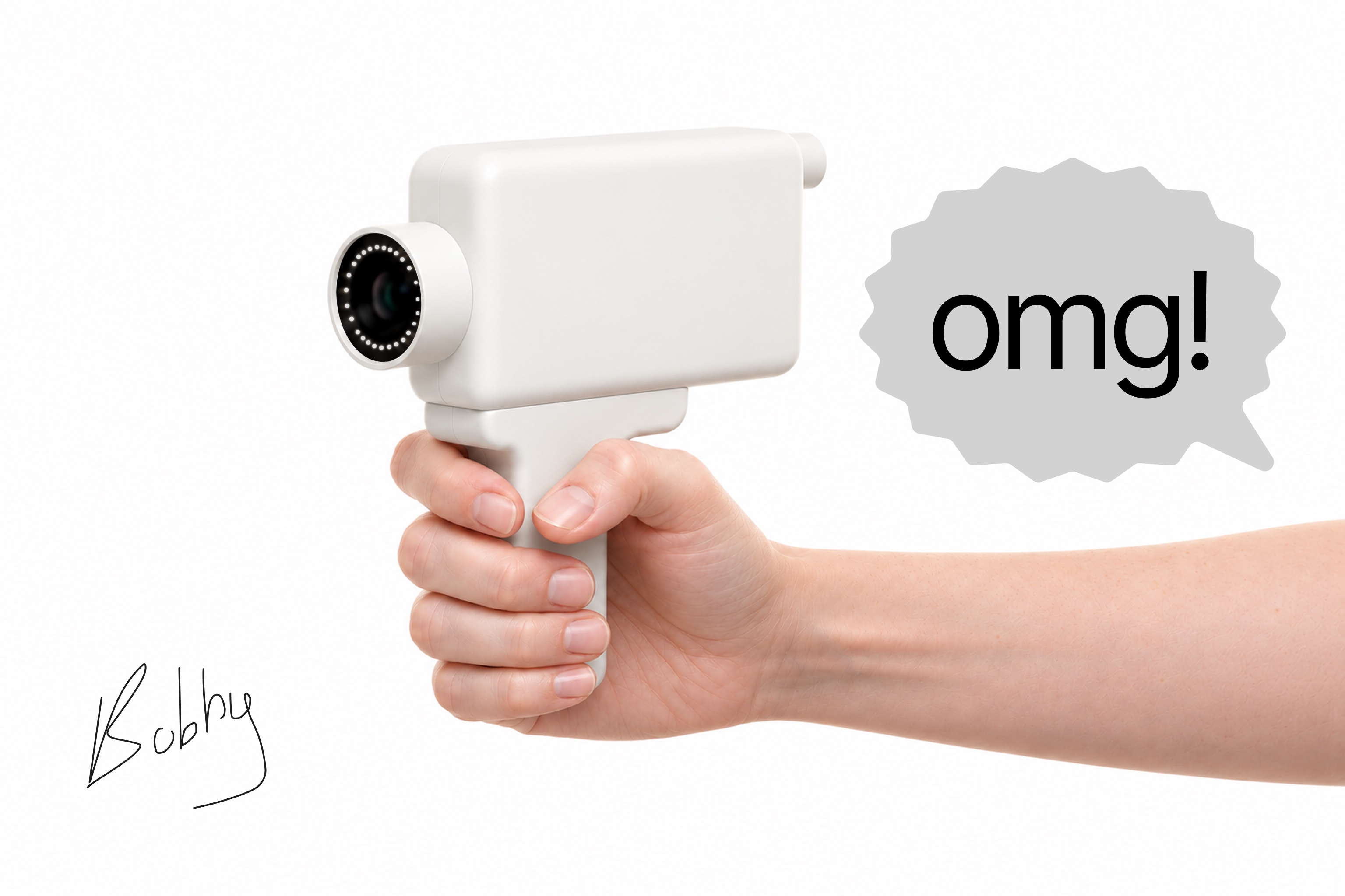 the motion camera in white, held in a hand, with an omg! speech bubble and Bobby’s signature